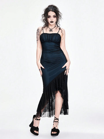 ROMWE Goth Dark Gothic Mesh Sheer Ruffle Hem Bodycon Fishtail Slip Dress For Women