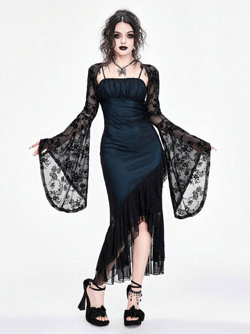 ROMWE Goth Dark Gothic Mesh Sheer Ruffle Hem Bodycon Fishtail Slip Dress For Women