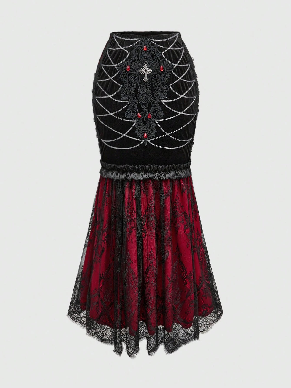 ROMWE Goth Dark Gothic Retro Palace Style Color-Blocking Lace Fitted Mermaid Velvet Skirt For Women