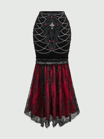 ROMWE Goth Dark Gothic Retro Palace Style Color-Blocking Lace Fitted Mermaid Velvet Skirt For Women