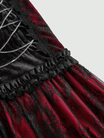 ROMWE Goth Dark Gothic Retro Palace Style Color-Blocking Lace Fitted Mermaid Velvet Skirt For Women