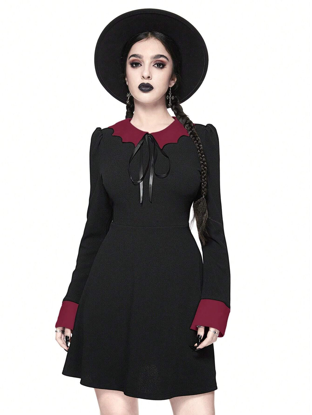 ROMWE Goth Dark Gothic Style Women Bat Collar Tie Ruched Waist A-Line Stretch Dress