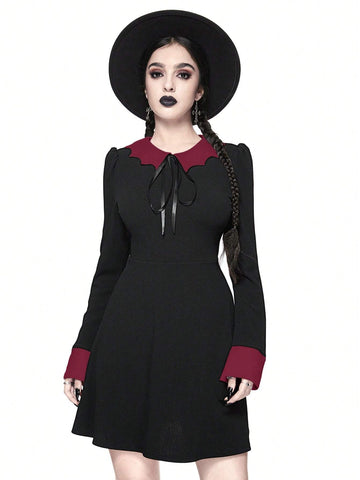 ROMWE Goth Dark Gothic Style Women Bat Collar Tie Ruched Waist A-Line Stretch Dress