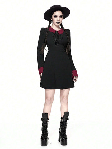 ROMWE Goth Dark Gothic Style Women Bat Collar Tie Ruched Waist A-Line Stretch Dress