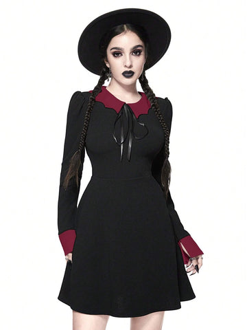 ROMWE Goth Dark Gothic Style Women Bat Collar Tie Ruched Waist A-Line Stretch Dress