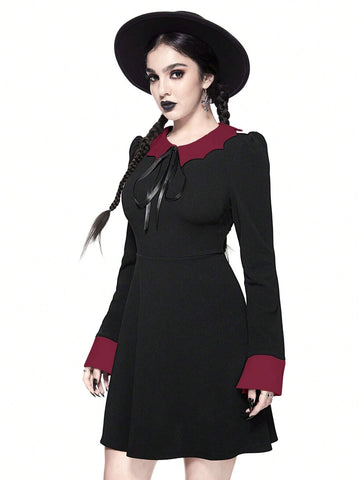 ROMWE Goth Dark Gothic Style Women Bat Collar Tie Ruched Waist A-Line Stretch Dress