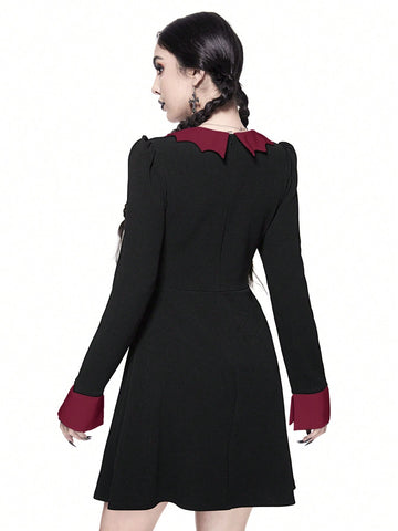 ROMWE Goth Dark Gothic Style Women Bat Collar Tie Ruched Waist A-Line Stretch Dress