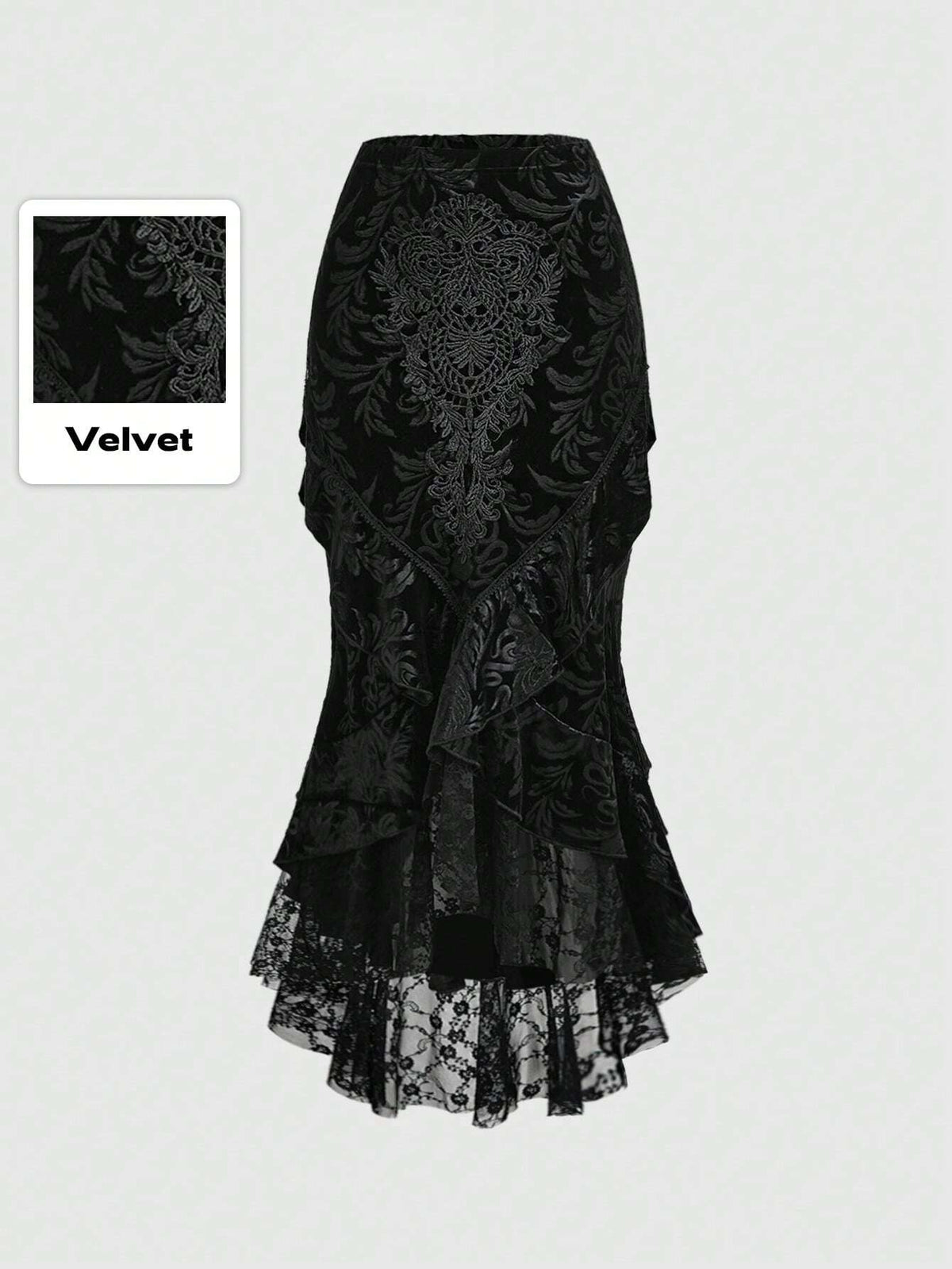 ROMWE Goth Elegant And Luxurious Palace Style Lace Applique Decorated Skull Embossed Velvet Spliced Lace Hem Women's Mermaid Skirt