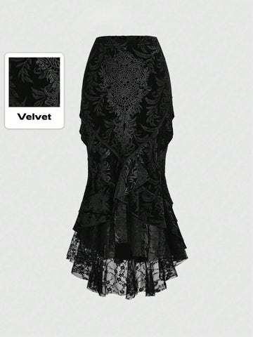 ROMWE Goth Elegant And Luxurious Palace Style Lace Applique Decorated Skull Embossed Velvet Spliced Lace Hem Women's Mermaid Skirt
