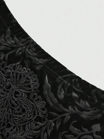 ROMWE Goth Elegant And Luxurious Palace Style Lace Applique Decorated Skull Embossed Velvet Spliced Lace Hem Women's Mermaid Skirt