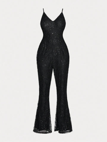 ROMWE Goth Elegant And Sophisticated Knit Lace Flower Beaded Embroidery Cami Jumpsuit With Sexy Sheer Details, Suitable For Professional Women In The Workplace