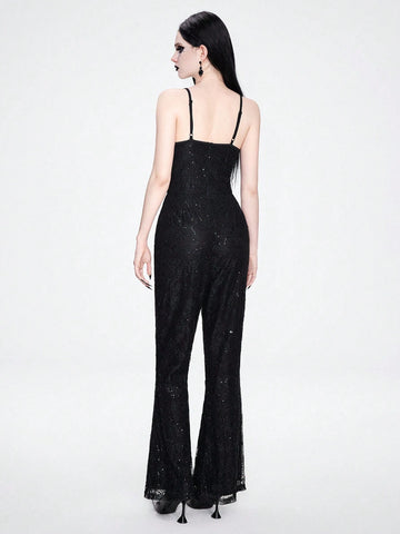 ROMWE Goth Elegant And Sophisticated Knit Lace Flower Beaded Embroidery Cami Jumpsuit With Sexy Sheer Details, Suitable For Professional Women In The Workplace