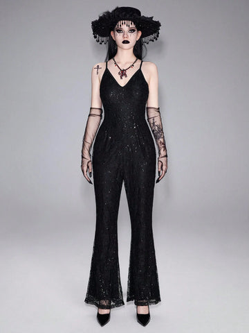 ROMWE Goth Elegant And Sophisticated Knit Lace Flower Beaded Embroidery Cami Jumpsuit With Sexy Sheer Details, Suitable For Professional Women In The Workplace
