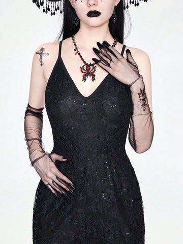 ROMWE Goth Elegant And Sophisticated Knit Lace Flower Beaded Embroidery Cami Jumpsuit With Sexy Sheer Details, Suitable For Professional Women In The Workplace