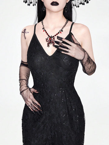 ROMWE Goth Elegant And Sophisticated Knit Lace Flower Beaded Embroidery Cami Jumpsuit With Sexy Sheer Details, Suitable For Professional Women In The Workplace