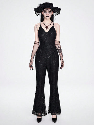 ROMWE Goth Elegant And Sophisticated Knit Lace Flower Beaded Embroidery Cami Jumpsuit With Sexy Sheer Details, Suitable For Professional Women In The Workplace