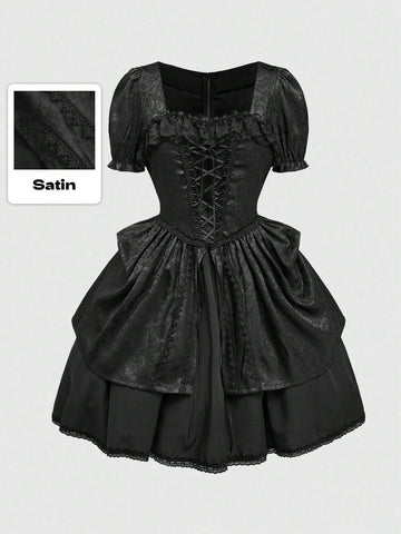 ROMWE Goth Elegant Gothic Vintage Ruffled Tied Design Waisted Women Party Dress