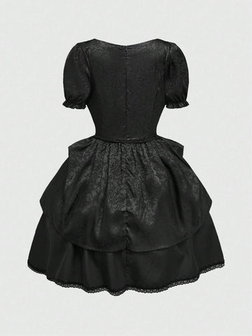 ROMWE Goth Elegant Gothic Vintage Ruffled Tied Design Waisted Women Party Dress