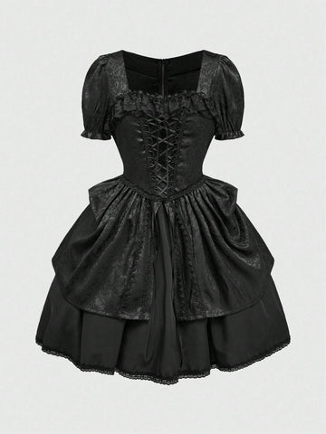 ROMWE Goth Elegant Gothic Vintage Ruffled Tied Design Waisted Women Party Dress