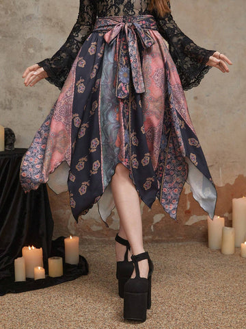 ROMWE Goth Floral Print Asymmetrical Hem Tie Front Skirt