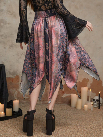 ROMWE Goth Floral Print Asymmetrical Hem Tie Front Skirt