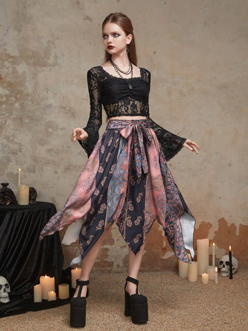 ROMWE Goth Floral Print Asymmetrical Hem Tie Front Skirt