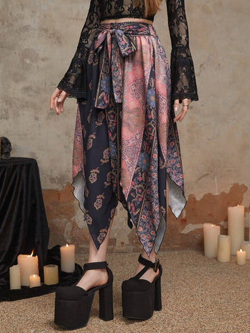 ROMWE Goth Floral Print Asymmetrical Hem Tie Front Skirt