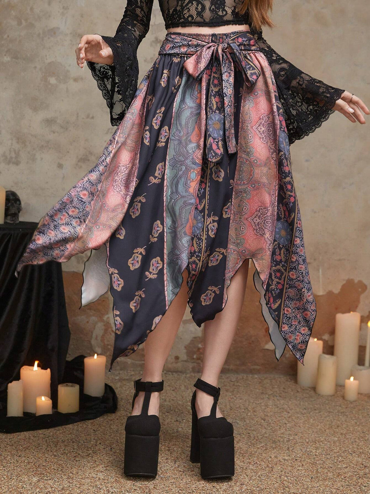 ROMWE Goth Floral Print Asymmetrical Hem Tie Front Skirt