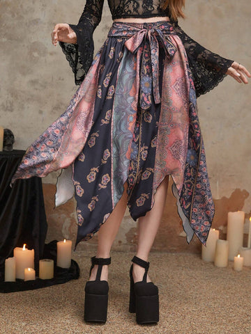 ROMWE Goth Floral Print Asymmetrical Hem Tie Front Skirt