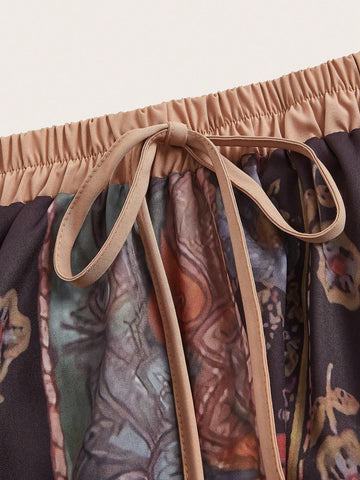 ROMWE Goth Floral Print Knot Skirt