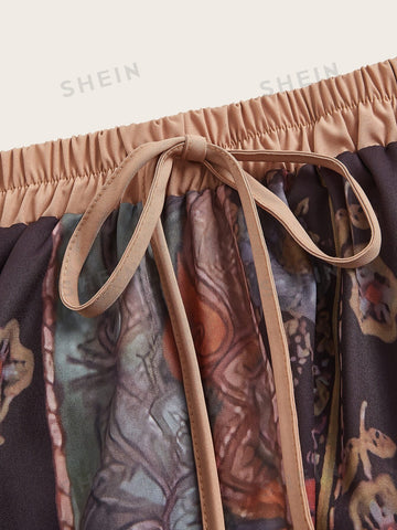 ROMWE Goth Floral Print Knot Skirt