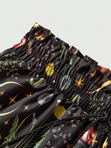 ROMWE Goth Gothic Beach Vacation Snake & Plant Allover Print Loose Shorts