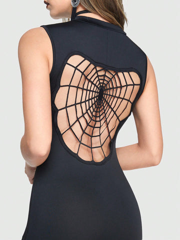 ROMWE Goth Gothic Black Back Spider-Web Hollow Out, High Slit, Sleeveless Maxi Dress For Women