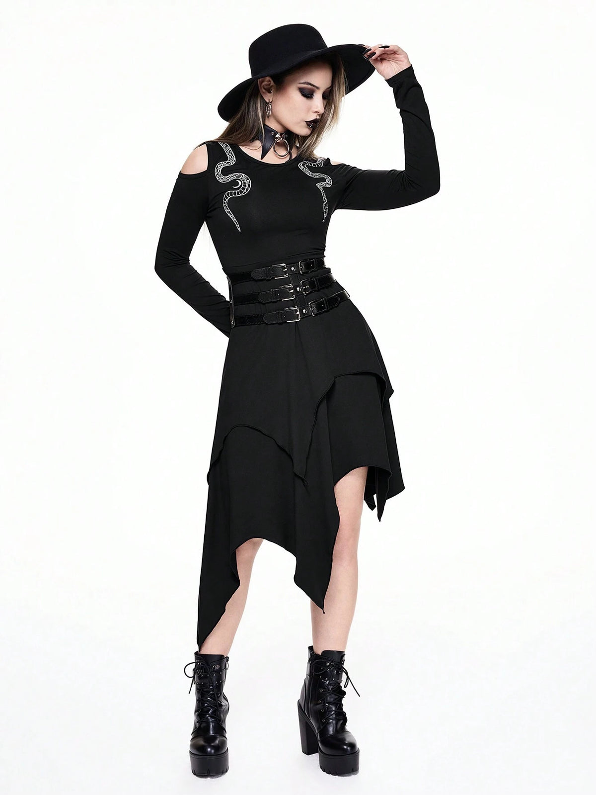 ROMWE Goth Gothic Snake & Moon Embroidery Decor Asymmetric Hem Bardot Dress