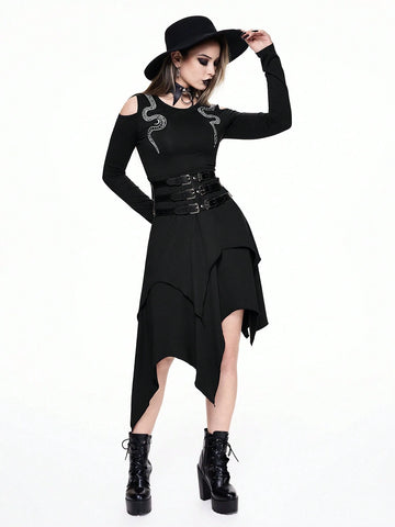 ROMWE Goth Gothic Snake & Moon Embroidery Decor Asymmetric Hem Bardot Dress