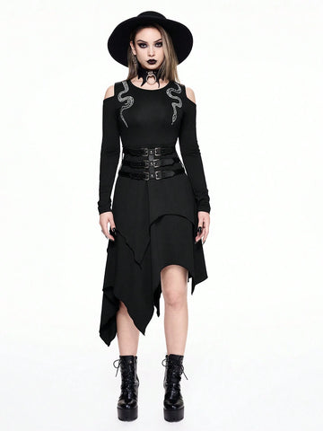 ROMWE Goth Gothic Snake & Moon Embroidery Decor Asymmetric Hem Bardot Dress