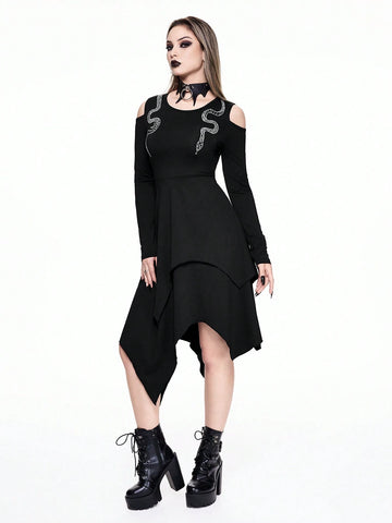 ROMWE Goth Gothic Snake & Moon Embroidery Decor Asymmetric Hem Bardot Dress