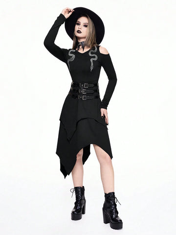 ROMWE Goth Gothic Snake & Moon Embroidery Decor Asymmetric Hem Bardot Dress