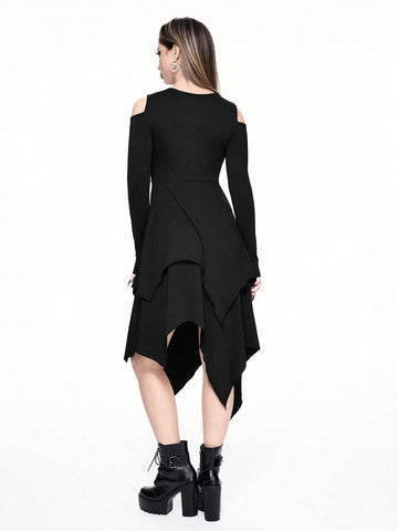 ROMWE Goth Gothic Snake & Moon Embroidery Decor Asymmetric Hem Bardot Dress