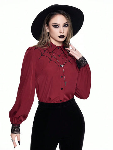 ROMWE Goth Gothic Spider Web Embroidered Burgundy Women Blouse, Can Be Worn As Inner Layer