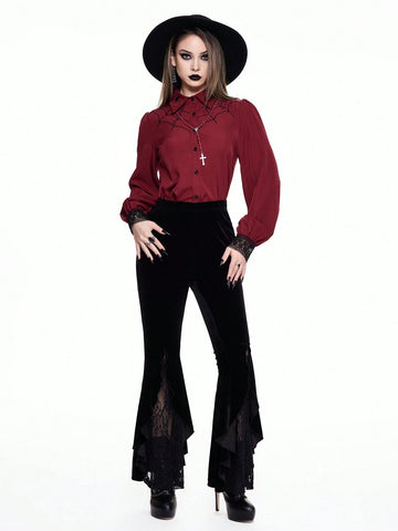 ROMWE Goth Gothic Spider Web Embroidered Burgundy Women Blouse, Can Be Worn As Inner Layer