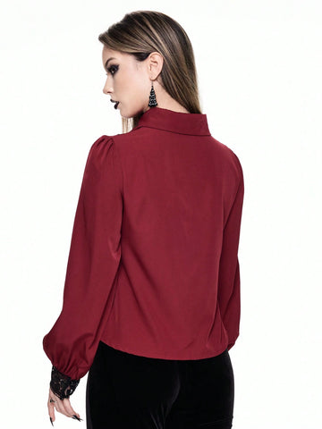 ROMWE Goth Gothic Spider Web Embroidered Burgundy Women Blouse, Can Be Worn As Inner Layer