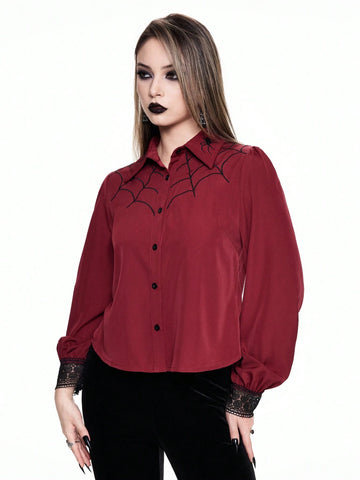 ROMWE Goth Gothic Spider Web Embroidered Burgundy Women Blouse, Can Be Worn As Inner Layer