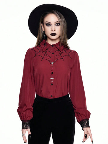 ROMWE Goth Gothic Spider Web Embroidered Burgundy Women Blouse, Can Be Worn As Inner Layer