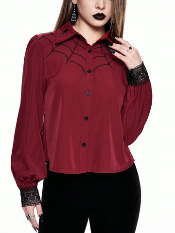ROMWE Goth Gothic Spider Web Embroidered Burgundy Women Blouse, Can Be Worn As Inner Layer