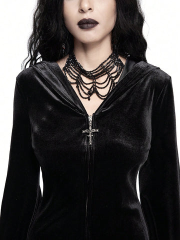 ROMWE Goth Gothic Style Cat Ear Hooded Dress, Extra-Large Bell Sleeves & Bat Hem, Velvet Bodycon Mini Dress For Women