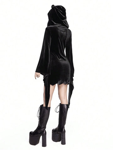 ROMWE Goth Gothic Style Cat Ear Hooded Dress, Extra-Large Bell Sleeves & Bat Hem, Velvet Bodycon Mini Dress For Women