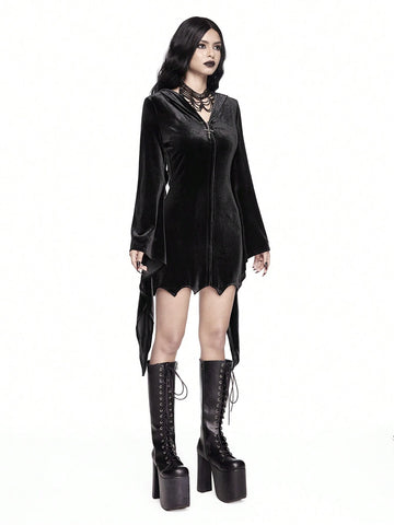 ROMWE Goth Gothic Style Cat Ear Hooded Dress, Extra-Large Bell Sleeves & Bat Hem, Velvet Bodycon Mini Dress For Women