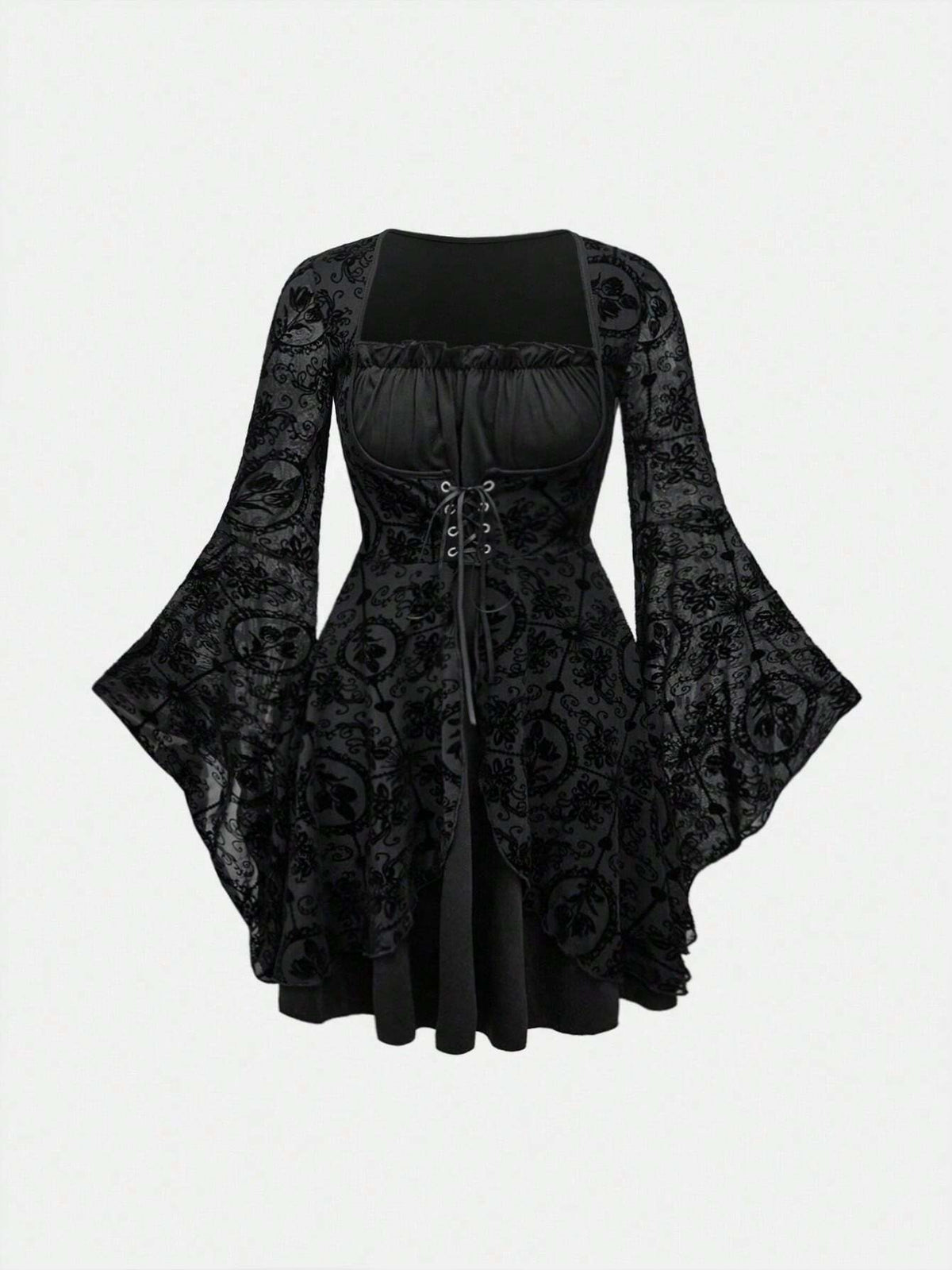 ROMWE Goth Gothic Style Flocked Floral Mesh Patchwork Lace-Up Waist Dress For Women, Halloween