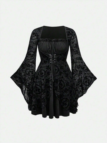 ROMWE Goth Gothic Style Flocked Floral Mesh Patchwork Lace-Up Waist Dress For Women, Halloween